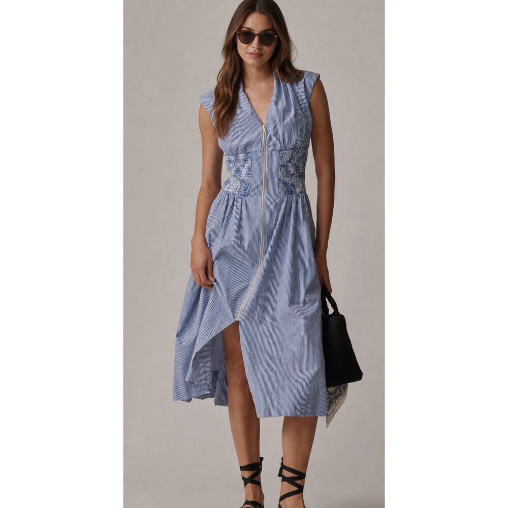 Anthropologie Blue-Striped Zip-Front Midi Dress